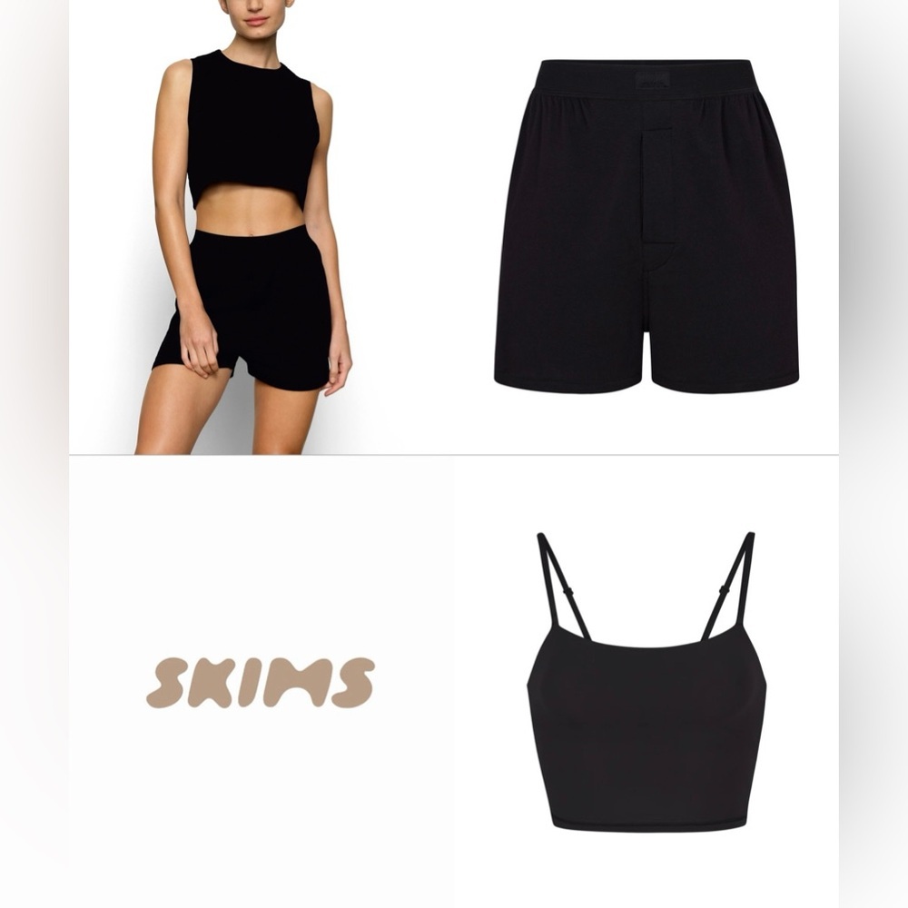 NEW SKIMS Set Boyfriend Boxer Shorts + Cropped Top Bralette Size S Black